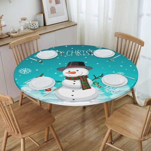 Winter Xmas Snowman Tablecloth With Elastic Edge Round Table Cloth Christmas Was - Picture 7 of 9