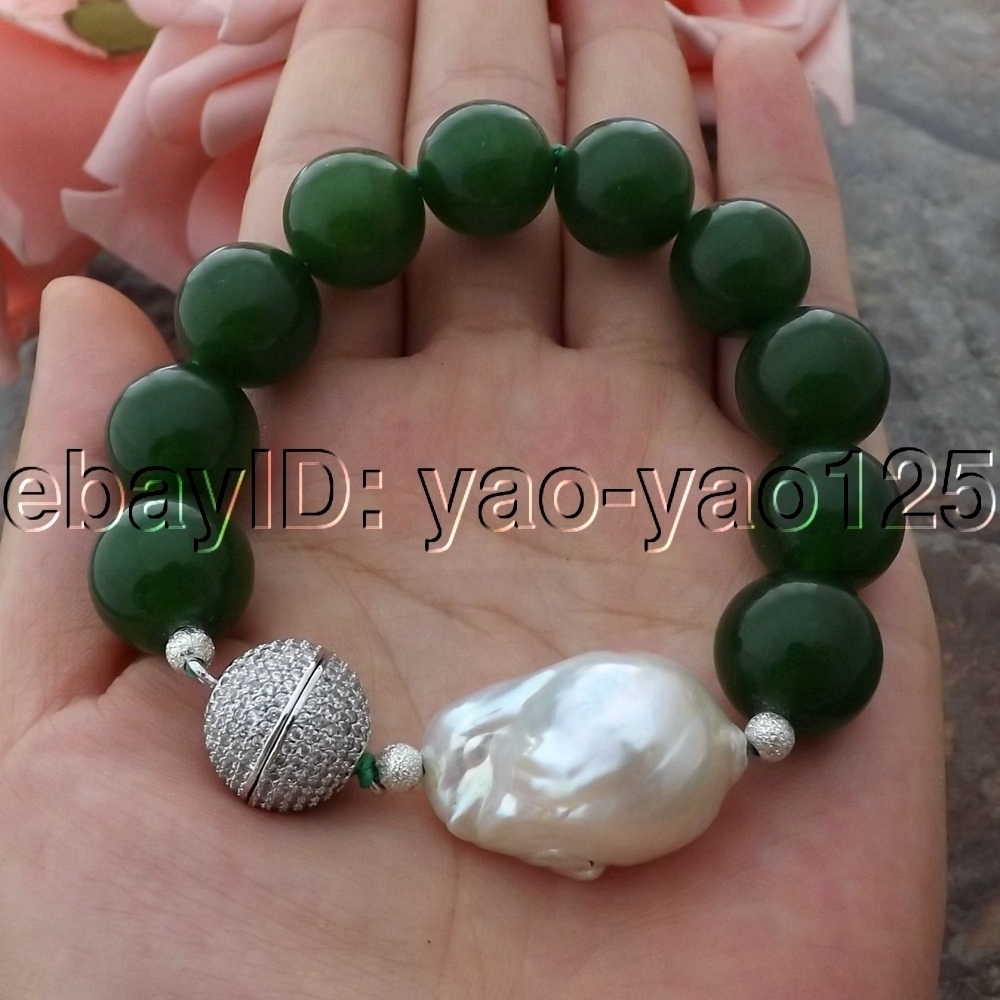 K061211 8'' 16MM Green Jade White Keshi Pearl Bracelet | eBay