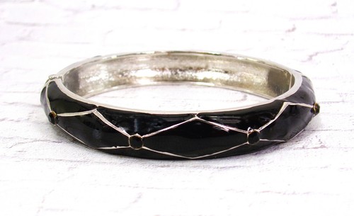 Black bangle bracelet with black crystal black enamel, silver trim .42" wide NEW - Picture 3 of 9