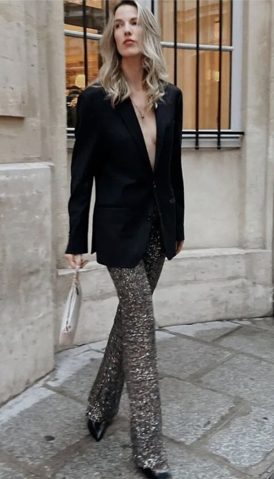 ZARA DARK SILVER GREY HIGH WAIST SEQUINNED FLARED LEGGINGS WIDE LEG