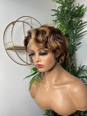 Luxus Honigblond kurze Perücke T Spitze klebrianisches Haar