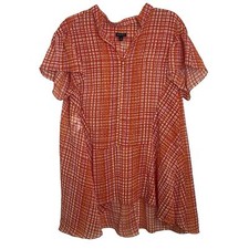 NINE WEST NWT Plaid Short Flutter Sleeve Semi-Sheer Swing Tunic L