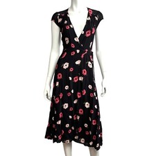 Reformation Sz XS Carina Wrap Midi Dress Black Floral Viscose V Neck