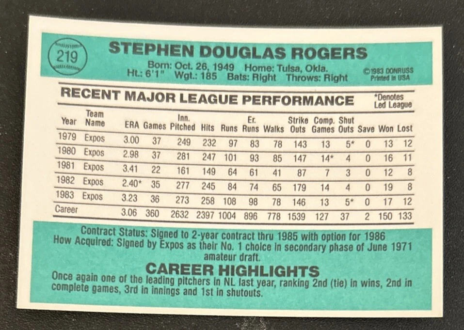 Tarjeta de béisbol Donruss Steve Rogers 1984 #219 Expos Pitcher excelente estado original Foto 2 de 2