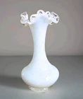 Early Fenton Opalescent Silver Crest Bud Vase Ruffle Milk Glass 6" Swirl Ribbed