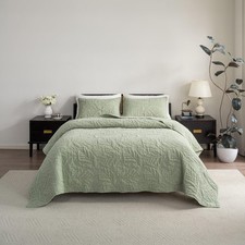 Cotton Quilt Queen Size Green Bedding Set, Water-Washed 3-Piece Cozy Lightwei...