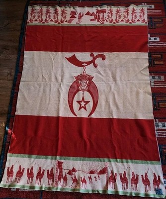 Vtg 1920s Jacobs Shriners Masonic Wool Red Yellow Camel Nile Blanket 49'' X 75''