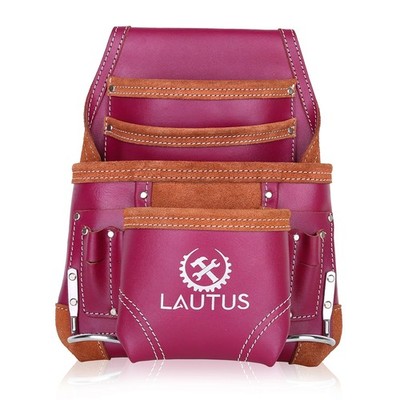 Burgundy Oil Tanned Leather Tool Pouch Bag 10 Pockets 2 Hammer Holders