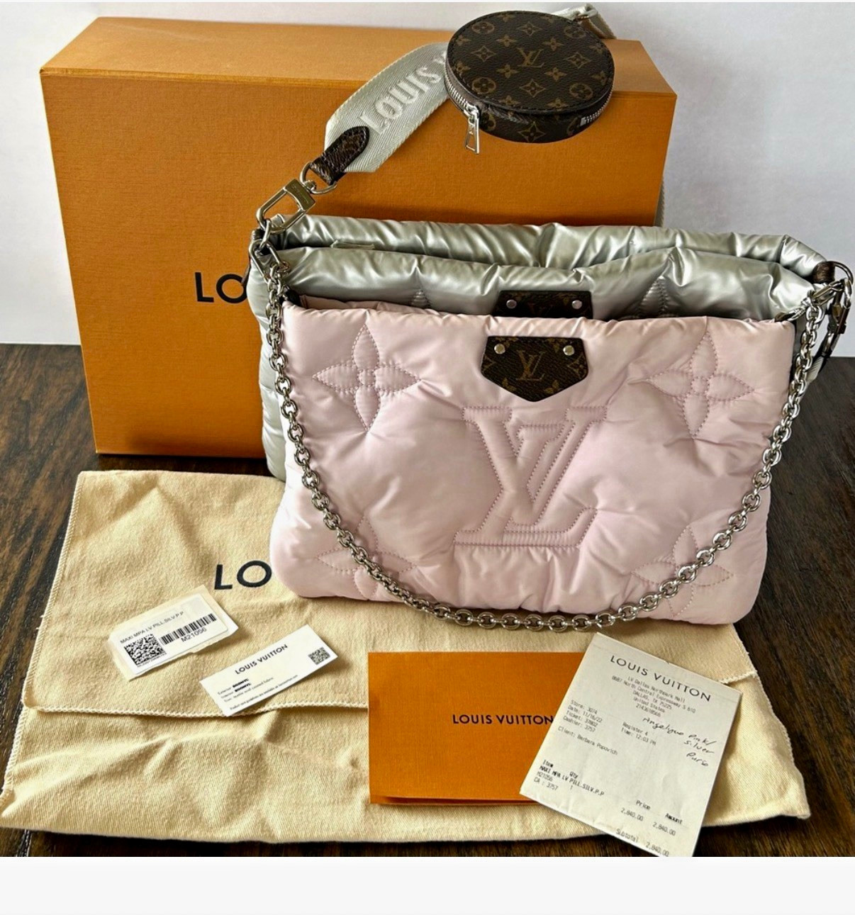 Louis Vuitton Pink and Silver Quilted LV Shoulder Bag with Monogram Coin Pouch