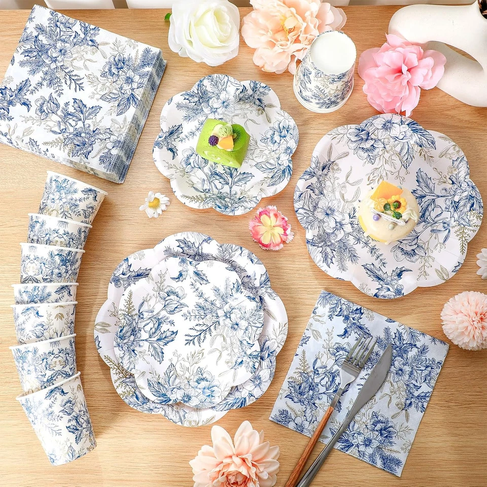 250 peças pratos e guardanapos descartáveis florais azuis ouro azul utensílios de mesa descartáveis - Imagem 4 de 4