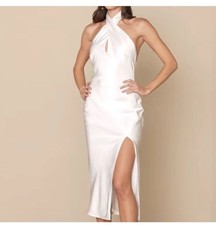 Lulus Beyond Classy White Halter Satin Midi Dress Small Front Slit NWT