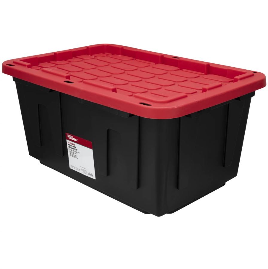 Hyper Tough 206253 27 Gallon Snap Lid Plastic Storage Tote Box, Black Base/Red