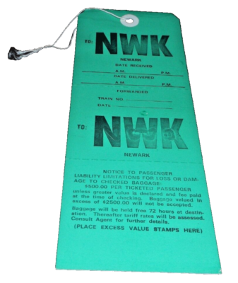 AMTRAK UNUSED NORTHEAST CORRIDOR BAGGAGE TAG NEWARK NEW JERSEY