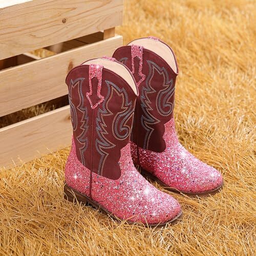 Girls Cowgirl Boots Unisex-Child Mid Calf Glitter Toddler Girls Boots Cowboy ... - Picture 7 of 7