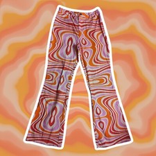 Psychedelic 70s style orange tones abstract print flare pants, M,8