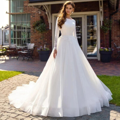 Elegant Ivory Wedding Dresses O Neck Appliques Buttons Back Bridal Gowns  Custom | eBay