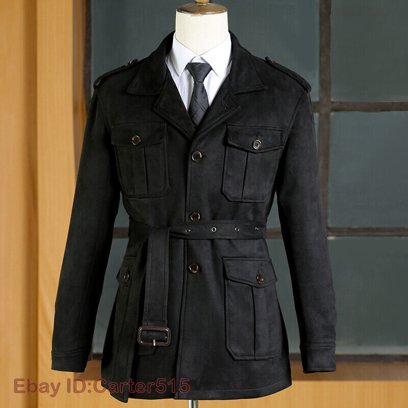 Mens Retro Multi Pockets Suede Safari Jacket Belted Hunting Coat