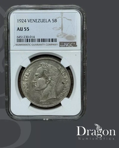 1924 VENEZUELA 5 Bolivares ANTIQUE SILVER COIN AU 55 0.900 VERY SCARCE NGC 🐉