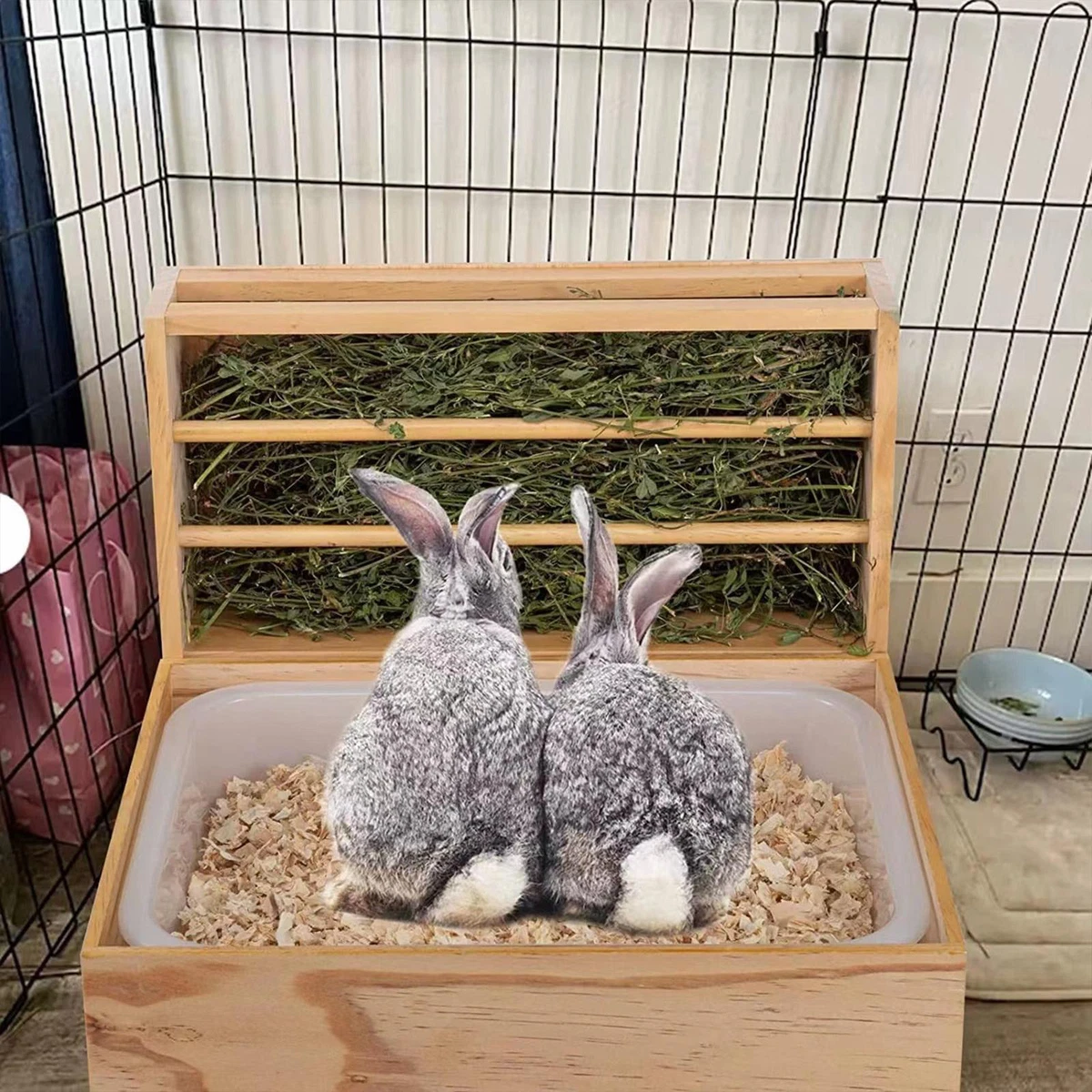 Wooden Rabbit Hay Feeder with Litter Box Feeding Manger eBay