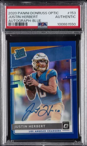 JUSTIN HERBERT 2020 DONRUSS OPTIC #153 RATED ROOKIE BLUE AUTO /75