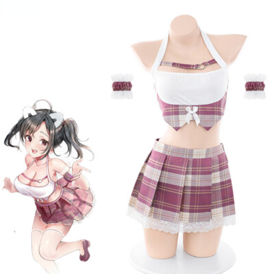 Anime Girl Uniform Costumes Women Cute Plaid Maid Outfit Cosplay Pleated  Skirt