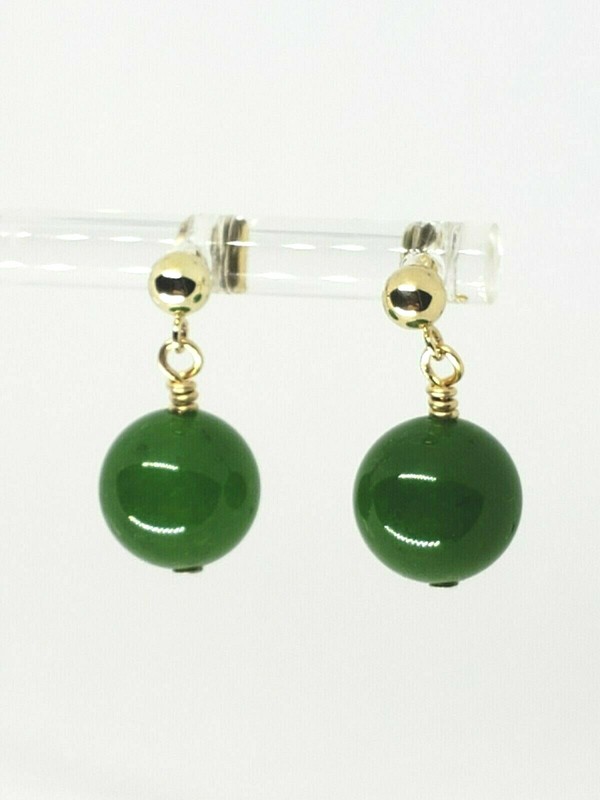 14k Yellow Gold Genuine Green Jade Ball Post Drop Dangle Earrings