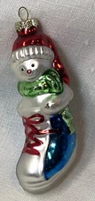 Vintage Christmas Ornament Snowman In Stocking Bag Figurine Hand Painted P/O