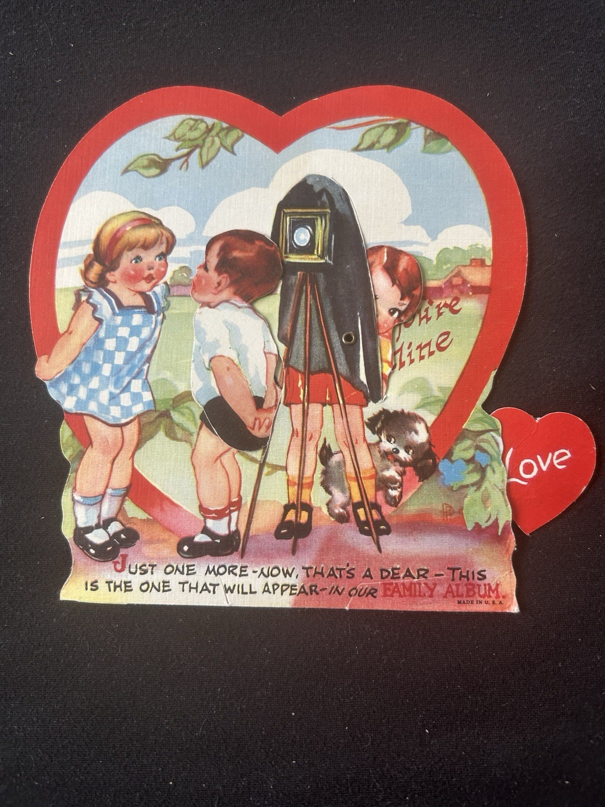 Vintage Mechanical Valentine Card Die Cut Movable Boy Girl Camera Dog