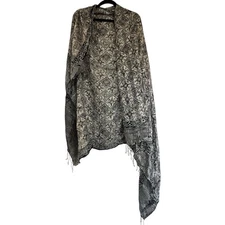 Extra large lightweight silver navy paisley print shawl scarf fringe 43” x 68”