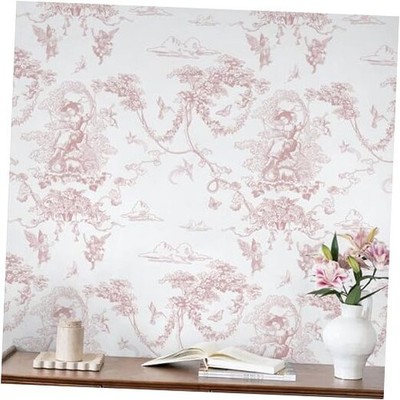  Peel and Stick Wallpaper Wallpaper Vintage Toile 17.3'' x 78.7'' Pink and White