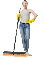 24 Inch Outdoor Push Broom with Long Handle for Deck Driveway Garage Yard Patio