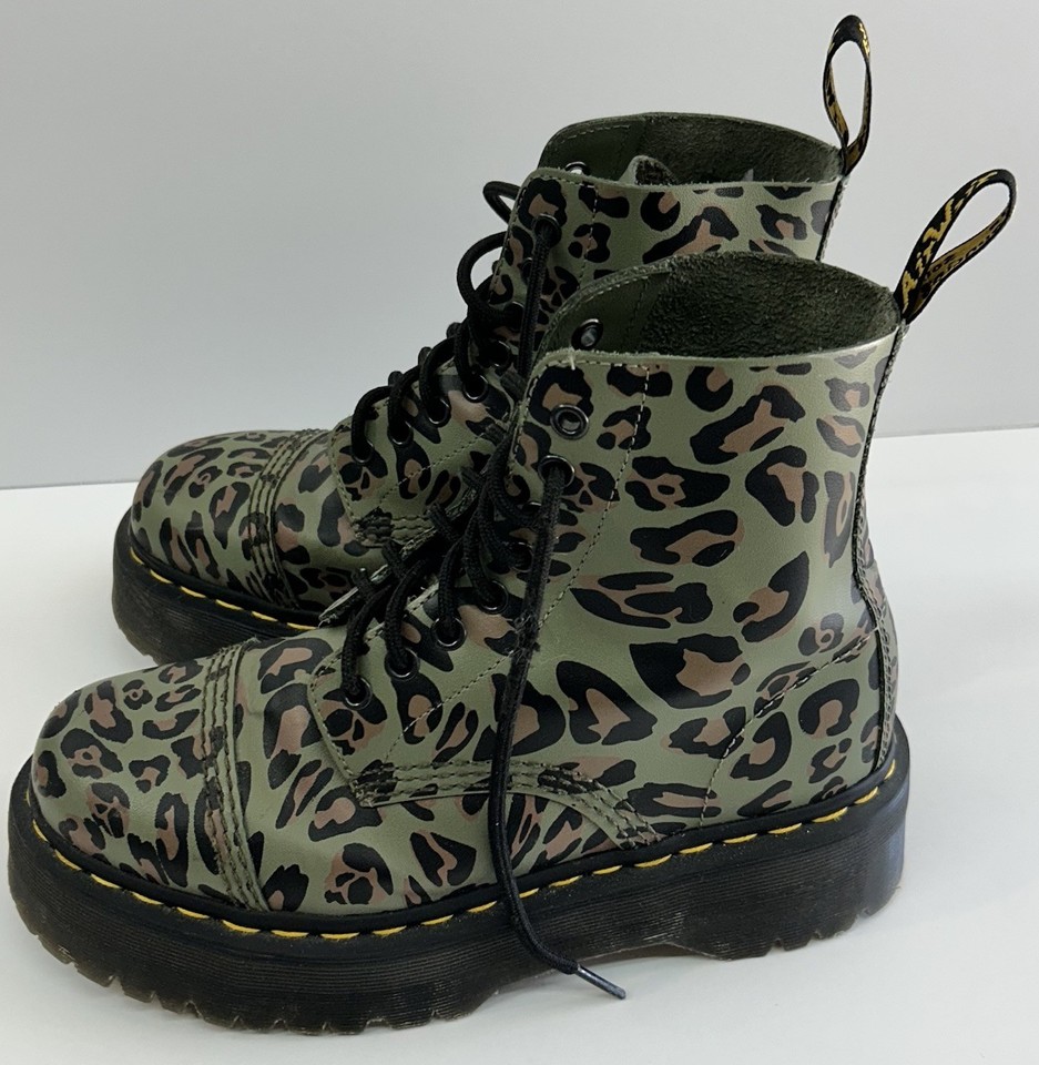 Dr Doc Martens Khaki Green Distorted Leopard SINCLAIR Platform Boots US ...