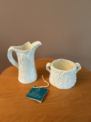 MCM ROYAL WORCESTER WHITE LEAF CREAMER PITCHER & SUGAR BOWL BONE CHINA ENGLAND