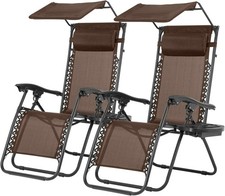 Lounge Chairs with Canopy Cup Holder for Patio Balcony Poolside, Brown