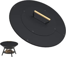 22" Wooden-handle Fire Pit Lid for Pits up to 20", Round 22IN, Matte Black 