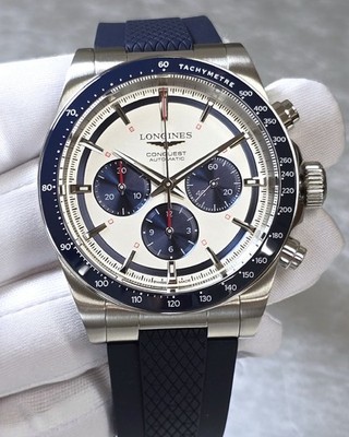 Longines Conquest Chronograph 42mm Silver Dial Rubber Men's Watch L3.835.4.98.9