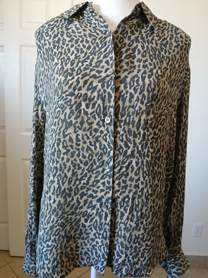 Camisa ALFANI Animal Print 100% Seda Abotonada Manga Larga Botón Talla 14 Foto 2 de 4