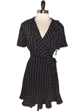 NEW TAHARI Size 16 Faux Wrap Dress Black White Pinstripe Short Sleeve Ruffles