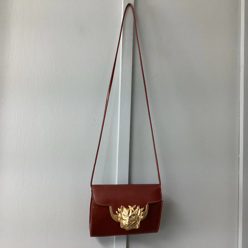 Cartera/bolso de hombro de cuero marrón Sasha años 90 grande dorado brillante metal pantera Foto 2 de 4