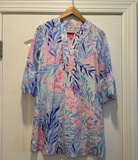 Lilly Pulitzer Elenora Silk Dress,  "Kaleidoscope Coral" print, XXS, Bell Sleeve