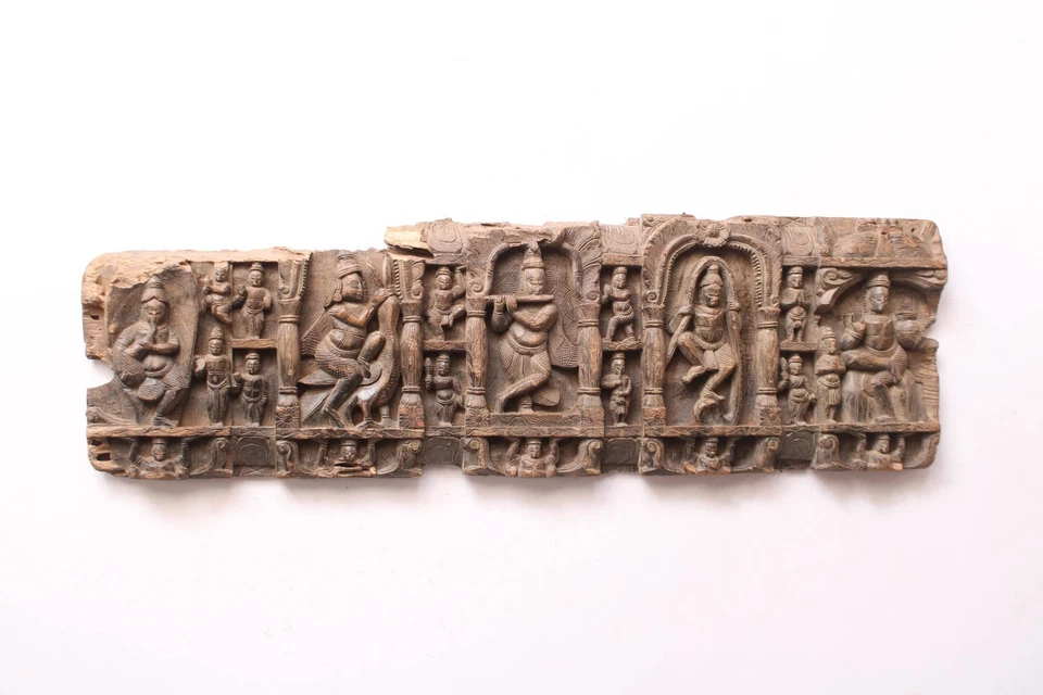 Painel de parede de madeira estátua de Krishna antiga real decoração hindu escultura em templo - Imagem 3 de 4