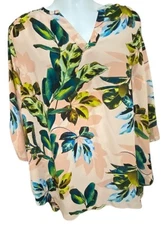 Worthington 3X Blouse Pullover Floral 3/4 Roll Tab Sleeve Breezy Artsy Light