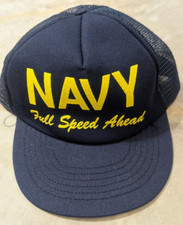 Vintage NAVY Full Speed Ahead Trucker Hat 3D Puff Logo Snapback Cap Made in USA