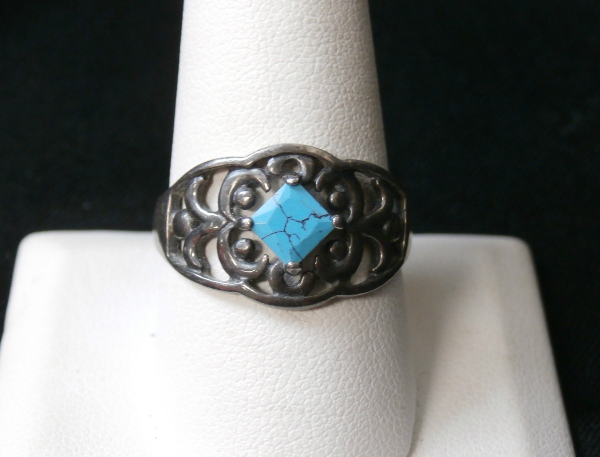 Vintage Sterling Silver Cutout Simulated Turquoise Princess Nugget Ring #318