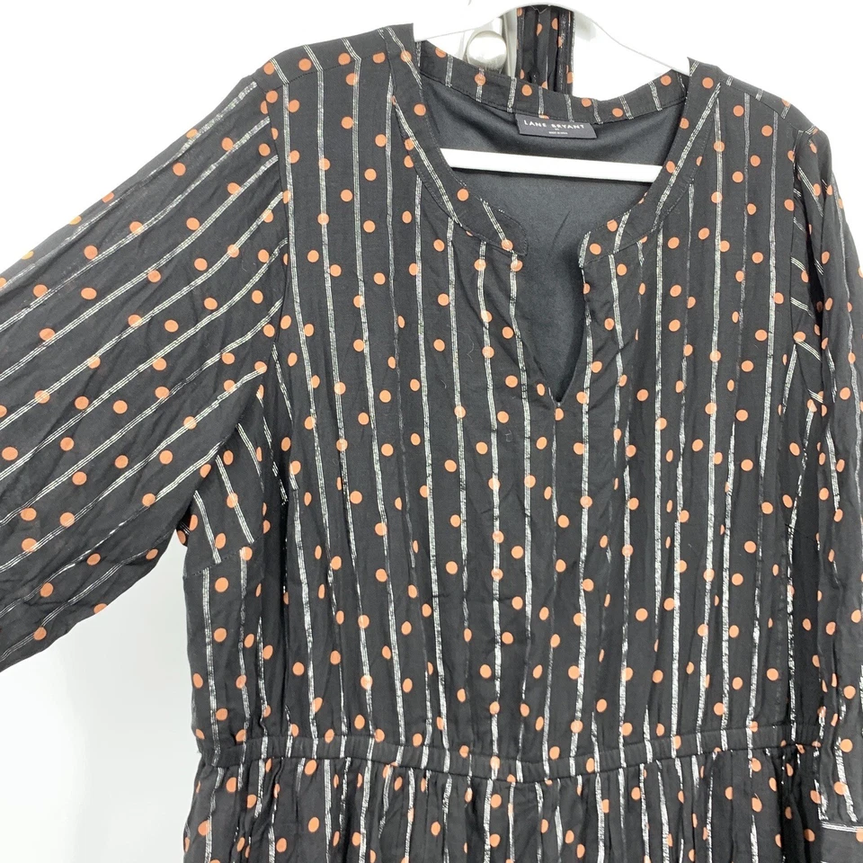 Vestido Lane Bryant Mujer Talla 20 Manga Larga Midi Negro Marrón Lunares Rayas Foto 3 de 4