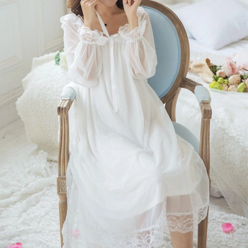 Ladies Girl Lace Ruffles Victorian Nightwear Sleepwear Lolita Retro Nightdress