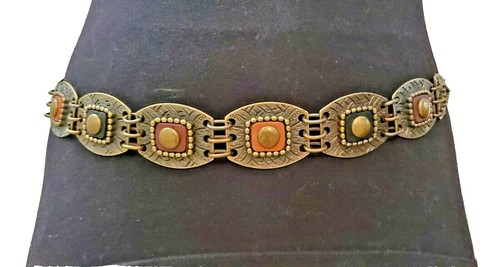 Vintage embroidery belt, 90s wide belt, bronze tone eyelets 