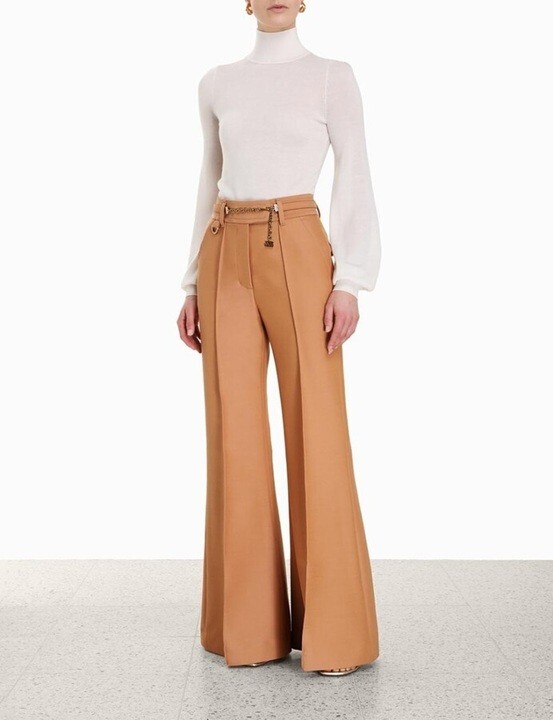 Zimmermann Women Wide Leg Luminosity Pants Biscuit Brown Wool Sz