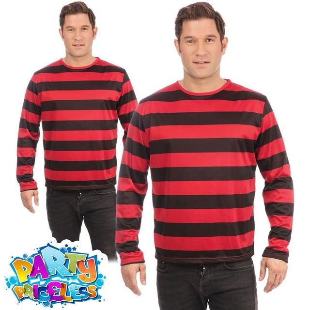 Mens Adult Dennis The Menace Red and Black Striped Jumper Fancy Dress