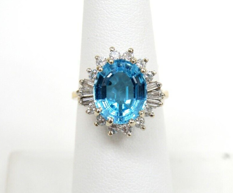 14k Two Tone Yellow & White Gold Blue Topaz & Diamond Halo Ring Size 6.75